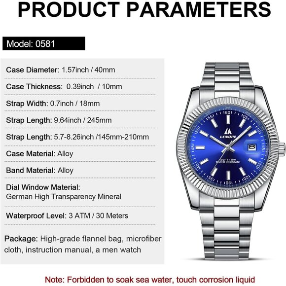 ⚡silver Blue Men Waterproof Analog Quartz Watch Men's Wrist with Date Luminous - Picture 8 of 14